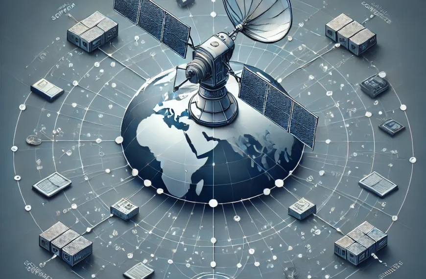 Esta ilustración es perfecta para explicar cómo los servidores centralizados y descentralizados se conectan a través de satélites, con enlaces a estaciones terrestres y usuarios remotos.